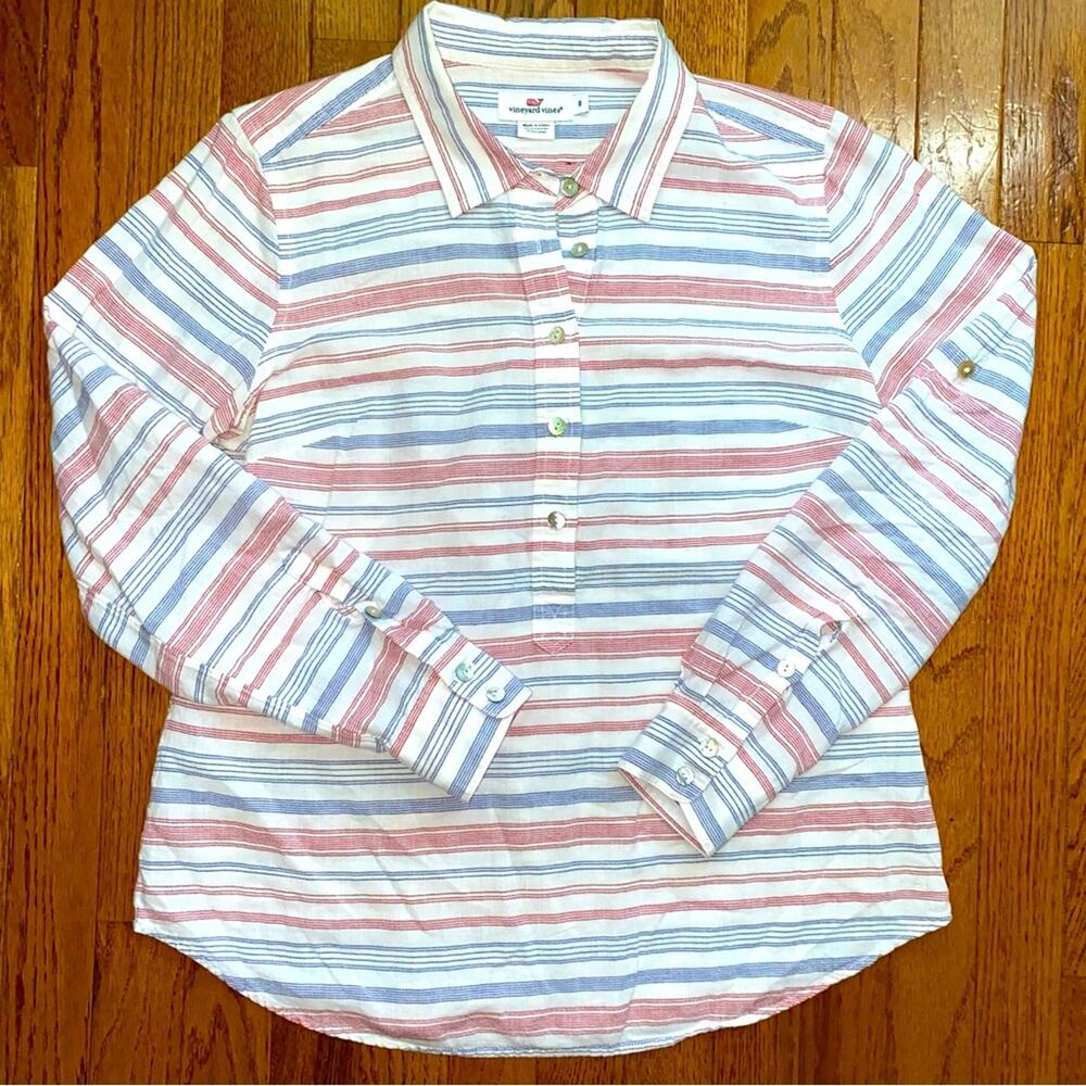 Vineyard Vines Patriotic Stripe Popover Womens Cotton Linen Top 8 EUC